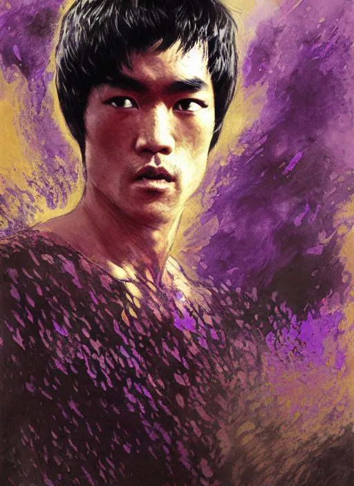 Prompt: bruce lee emerging from purple and black water by greg rutkowski, claude monet, conrad roset, takato yomamoto, rule of thirds, sigma look, beautiful