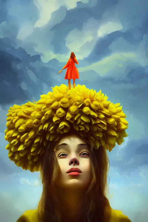 Image similar to closeup girl with huge yellow dahlia flower face, intricate, standing on mountain, surreal photography, blue storm clouds, dramatic light, impressionist painting, digital painting, artstation, simon stalenhag