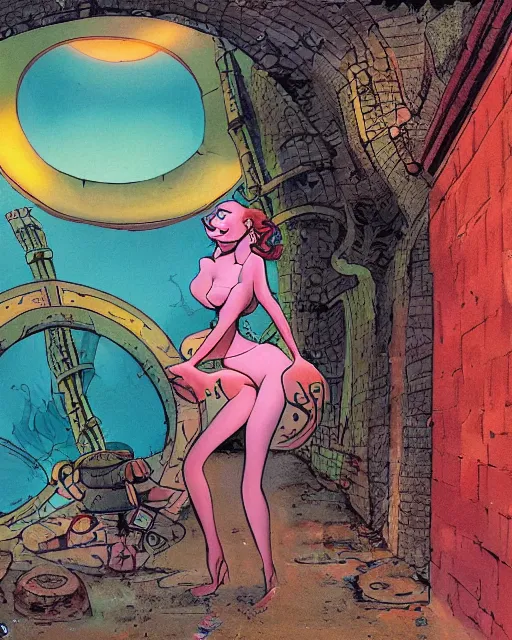 Prompt: attractive young woman peering into manhole cover open swirling into another dimension, surreal, ralph bakshi