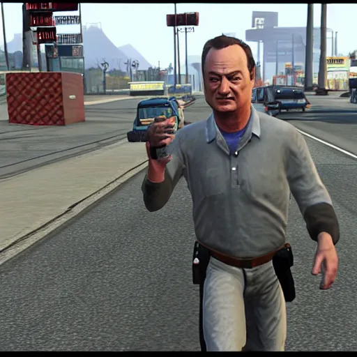 Image similar to bill murray in gta, running from cops, game screenshot