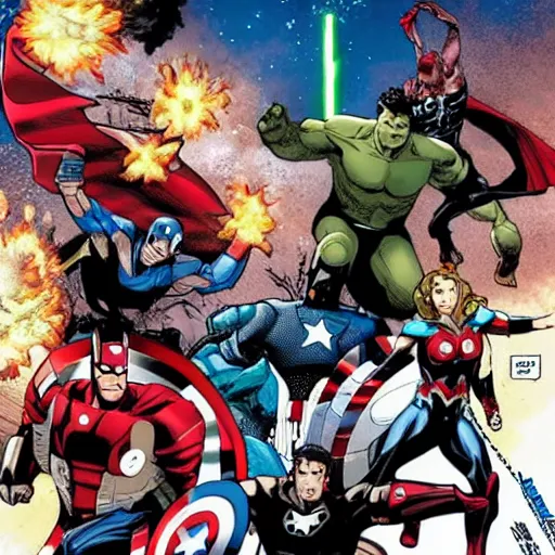 Image similar to The avengers having a epic battle with the justice League