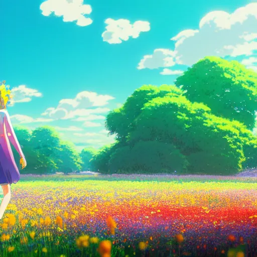 Prompt: a beautiful ultra - detailed panorama of a girl walking through a field of colorful flowers by beeple, studio ghibli, makoto shinkai, wallpaper, highly detailed, trending on artstation, anime