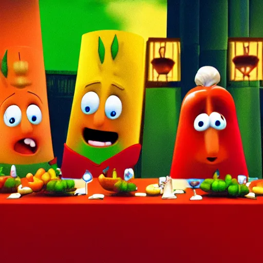 Image similar to veggietales characters last supper, 4k