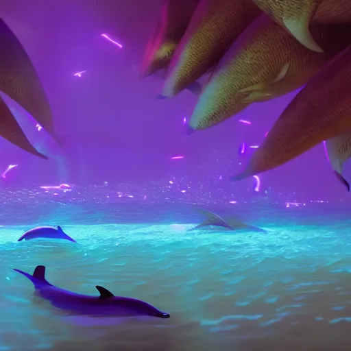 Prompt: dolphins swimming in bioluminescence, photorealistic, pixar, octane render, disney, soft