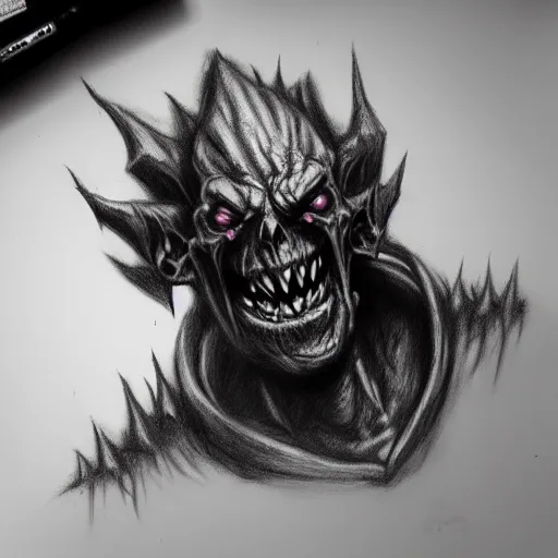 Image similar to deathmetal goblin heavy charcoal sketch, trending on artstation