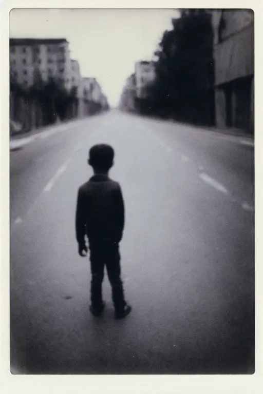 Image similar to photo polaroid of a sad and lonely child in the middle of a road of a city devastated by bombs , has a gun in his hand, loneliness,war, black and white ,photorealistic, 35mm film,