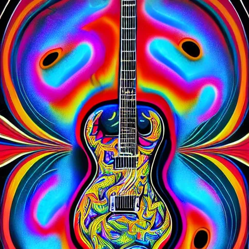 Image similar to psychedelic illustration of a guitar player melting on colors, alucination, trending on art station, masterpiece