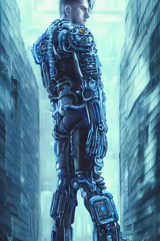 Image similar to ultra realist and ultra intricate detailed soft painting of a cyberpunk sci-fi male, from the waist up, porcelain skin, symmetry features, glowing blue eyes, sensual gloomy style, volumetric clouds, cyberpunk window overlooking earth in background