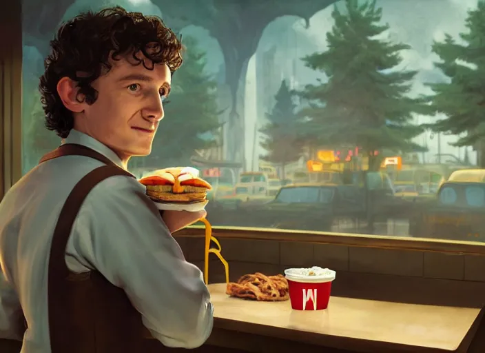 Prompt: film still of frodo working at mcdonalds in the new batman movie, cartoonish cute, pine trees, magical atmosphere, trending on artstation, 3 0 mm, by noah bradley trending on artstation, deviantart, high detail, stylized portrait
