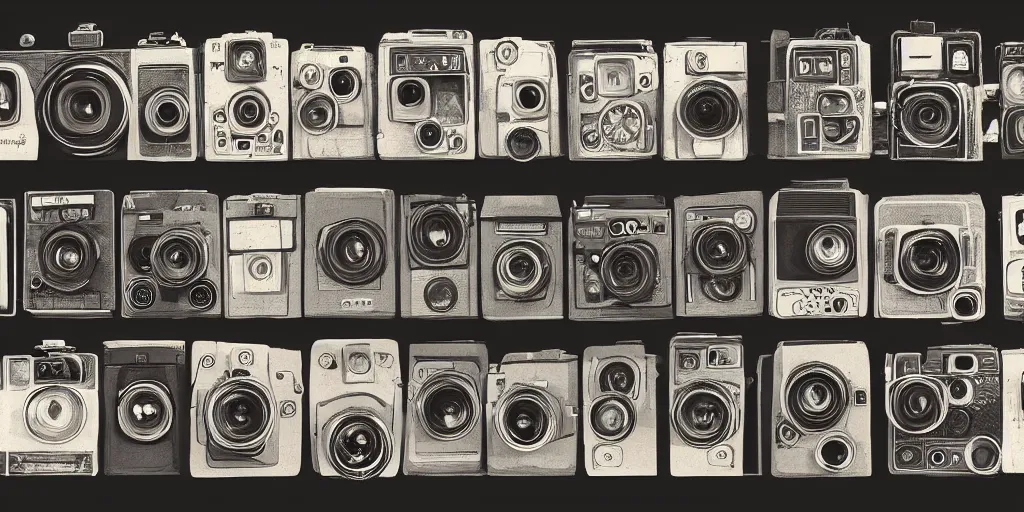 Image similar to full color page scan of various vintage cameras illustrations on black background, in matte painting, 2 d, kitbash, 4 k