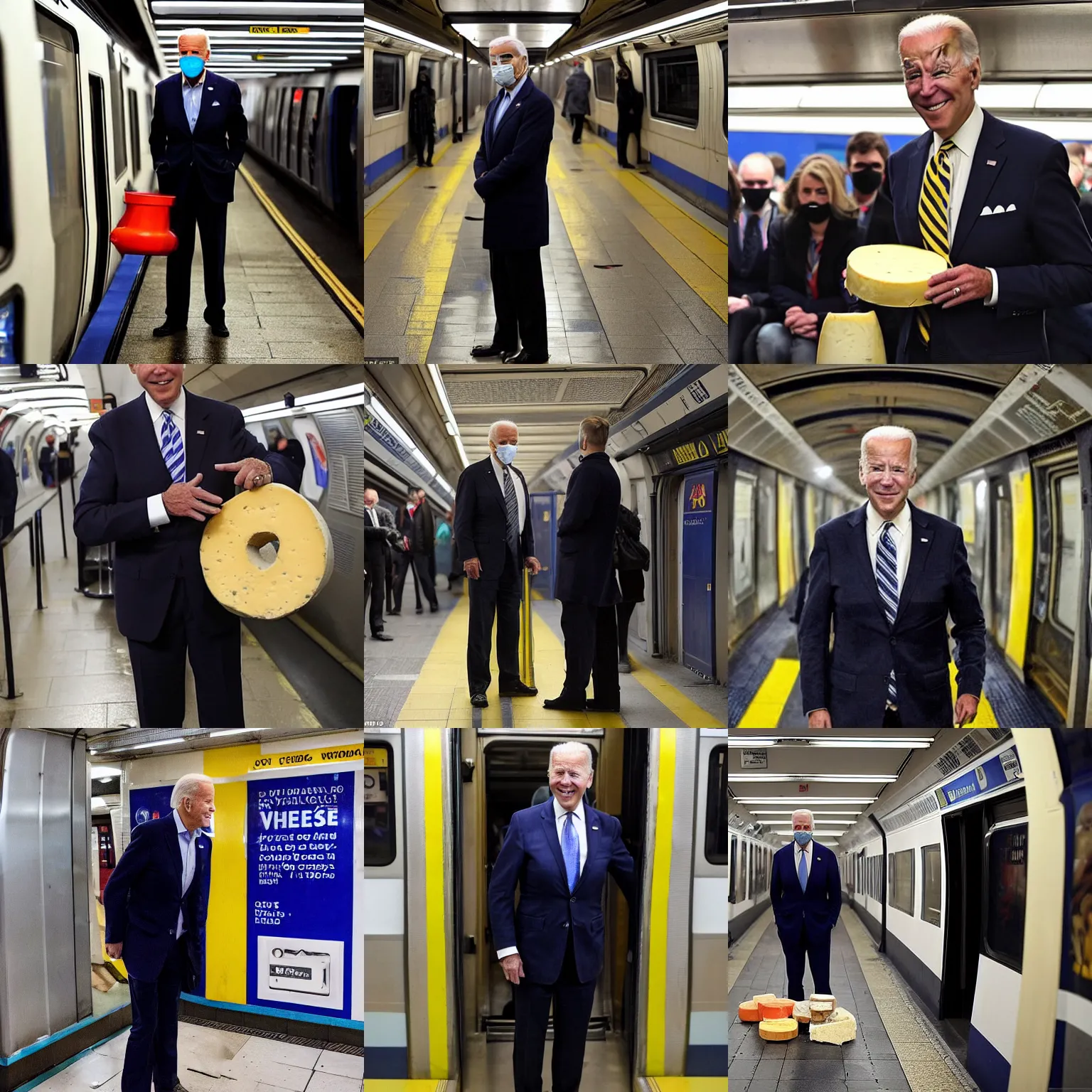 Prompt: joe biden standing at the end of a damp hallway in the london underground, offering you a wheel of cheese. there is a suspicious aura about him