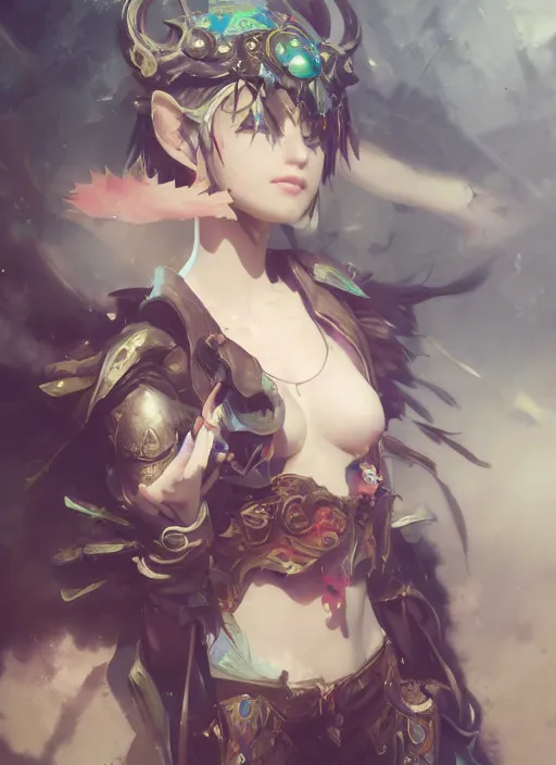 Image similar to matte painting, by yoshitaka amano, by ruan jia, by conrad roset, by good smile company, detailed anime 3d render of a female jester goddess, portrait, cgsociety, artstation, quirky modular costume and grand headpiece in the style of fischer price, surreal mystical atmosphere