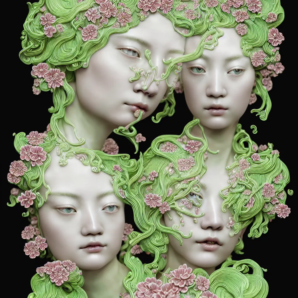 Prompt: A Close up photo real delicate ceramic porcelain sculpture of an ornate detailed blond woman in front of a intricate background by Victo Ngai and takato yamamoto, micro detail, backlit lighting, subsurface scattering, translucent, thin porcelain, octane renderer, neon green light swirling, hot Pink and Black, physically based rendering, japanese pottery, trending on cgsociety