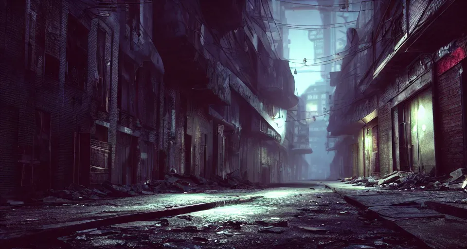 Image similar to looking down the crumbling street of an abandoned city at night, 3 d video game, gritty atmosphere, urban, octane render, unreal engine 5, moody colors, trending on artstation, ultra high detail, ultra realistic, cinematic, focused, 8 k