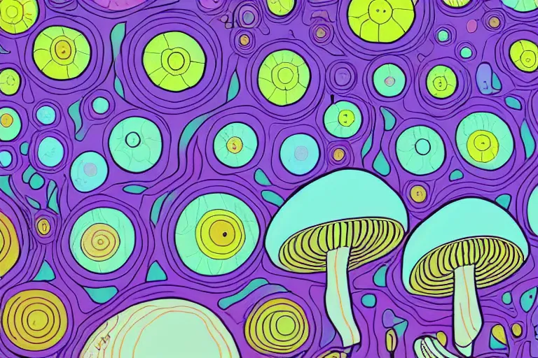 Prompt: a psychedelic illustration of a field of mushrooms, flat colors, limited palette in FANTASTIC PLANET La planète sauvage animation by René Laloux