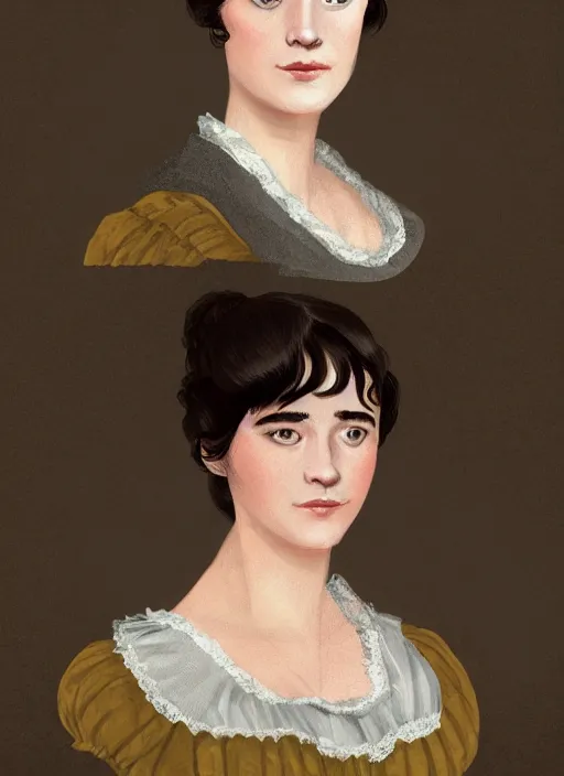 Image similar to a photograpic portrait of elizabeth bennet, pride and prejudice, with kind face, dark hair, georgian dress, intricate, elegant, highly detailed, digital painting, concept art, smooth, sharp focus, illustration,