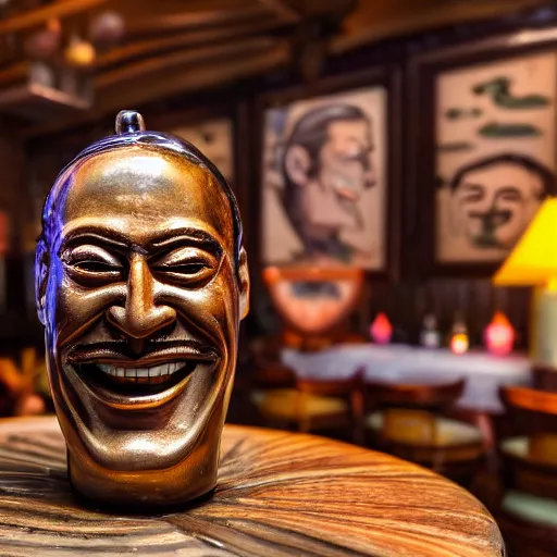 Image similar to a closeup photorealistic photograph of smiling salvador dali at trader vic's bar sitting next to a trader vic's style tiki mug featuring the face of salvador dali. tiki culture. bright scene. 4 k hd image that's trending on artstation, featured on behance, well rendered, extra crisp, features epic composition and the style of unreal engine.