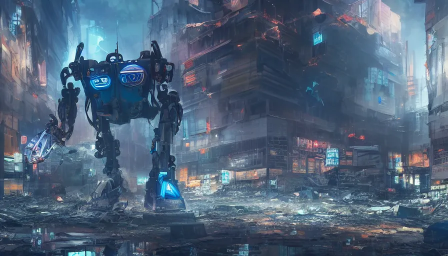 Prompt: Giant robot with a blue lighted swird standing in the middle of a completely destroyed city, hyperdetailed, artstation, cgsociety, 8k