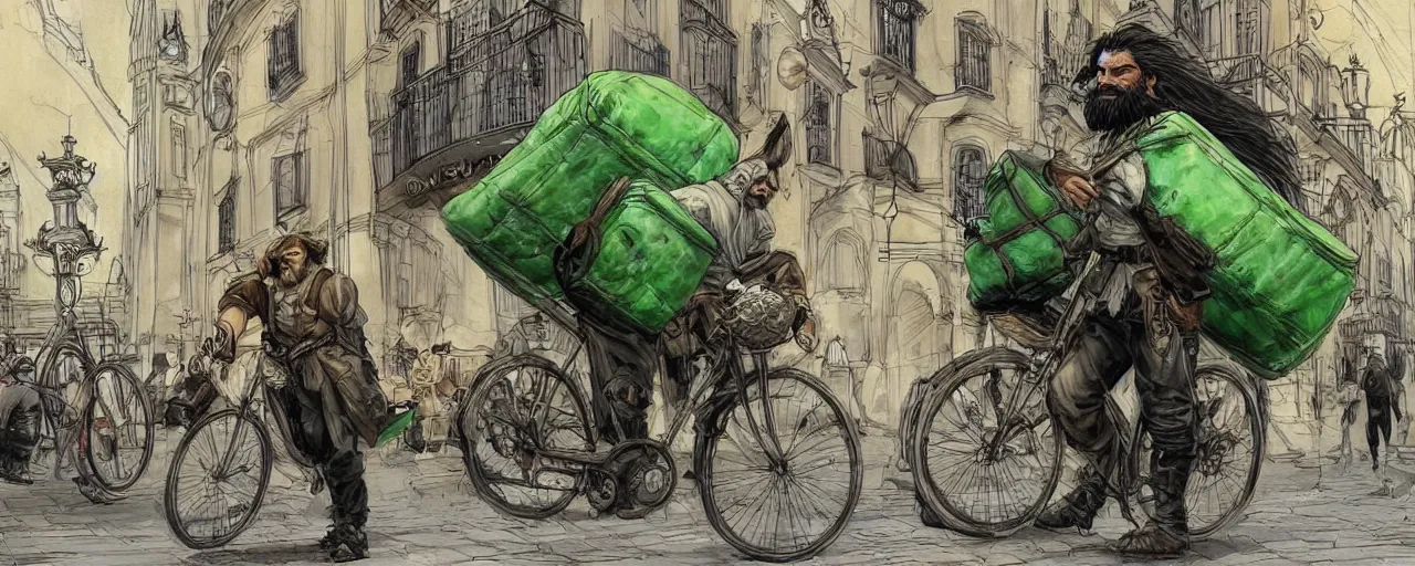 Image similar to a bearded and long haired bicycle food delivery worker with a green bag on his back in rossio lisbon, he has boots, epic fantasy style art by kim jung gi, fantasy epic digital art