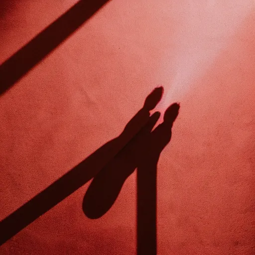Prompt: red light from above shines through and defines the shape of her shadow on the floor below