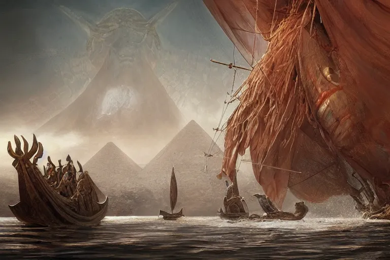 Image similar to an ancient egyptian papyrus boat sails on a primordial sea of chaos and a hideous frog headed deity Kek by Jessica Rossier and HR Giger