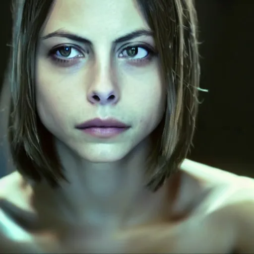 Prompt: film still of !!Willa Holland!! as !!!!!pale blue-skinned!!!!! !!!!!Cortana!!!!!, as in Halo 4, in a new Halo movie, 4k