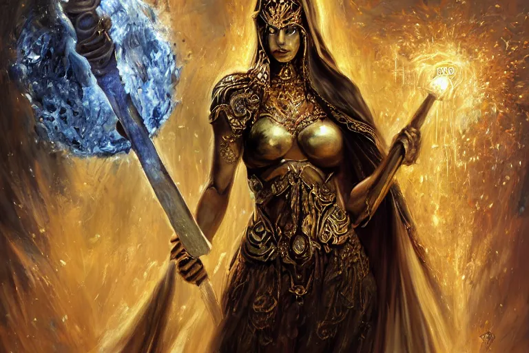 Image similar to angry beautiful Goddess of life with a veil, dark Goddess of artificial intelligence creating an artificial neural network with gold synapses on an anvil with her hammer, high resolution, award winning art, trending on art station, sharp image, incredibly detailed, detailed character, realistic painting, hyper-realistic painting, coherent painting, ethereal halls of valhalla in the background, master piece by Mpemba Tzulu