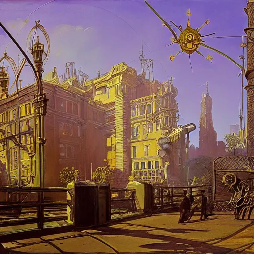 Prompt: painting of syd mead artlilery scifi soviet building with ornate metal work and victorian fence, fossil ornaments, volumetric lights, purple sun, andreas achenbach