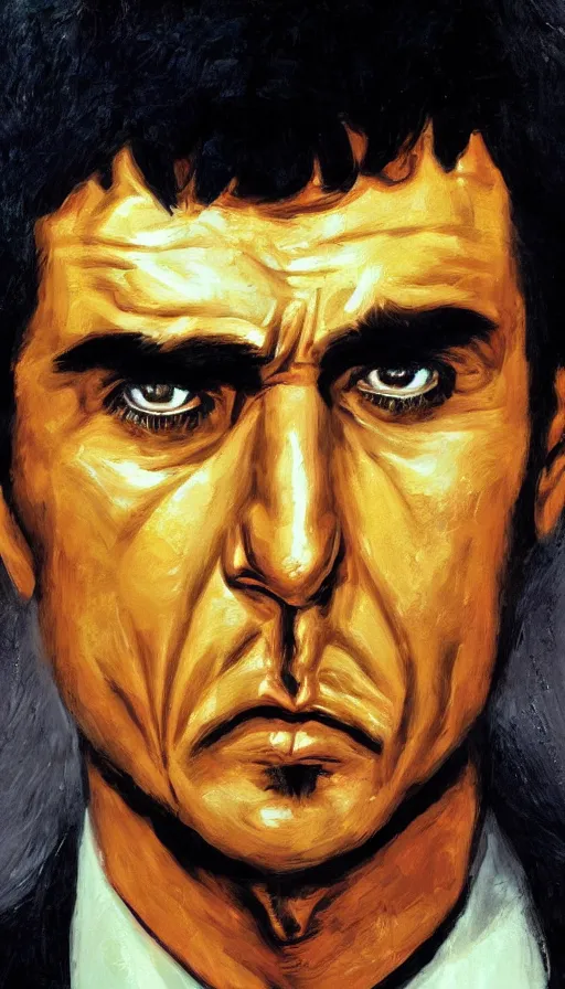 Image similar to close up. perfect symmetric face, coherent symmetric eyes. detailed face. portrait of tony montana from movie scarface. angry face. contrast colors