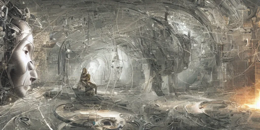 Prompt: Birth of artificial intelligence, concept art, highly detailed, deep minded, sharp focus