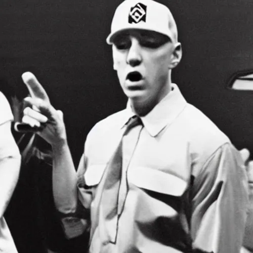 Image similar to eminem having a rap battle with hitler