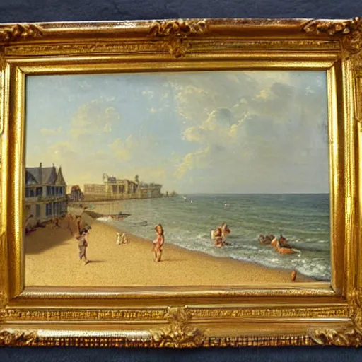 Prompt: Baroque oil painting of a Victorian beach resort, realistic, highly detailed