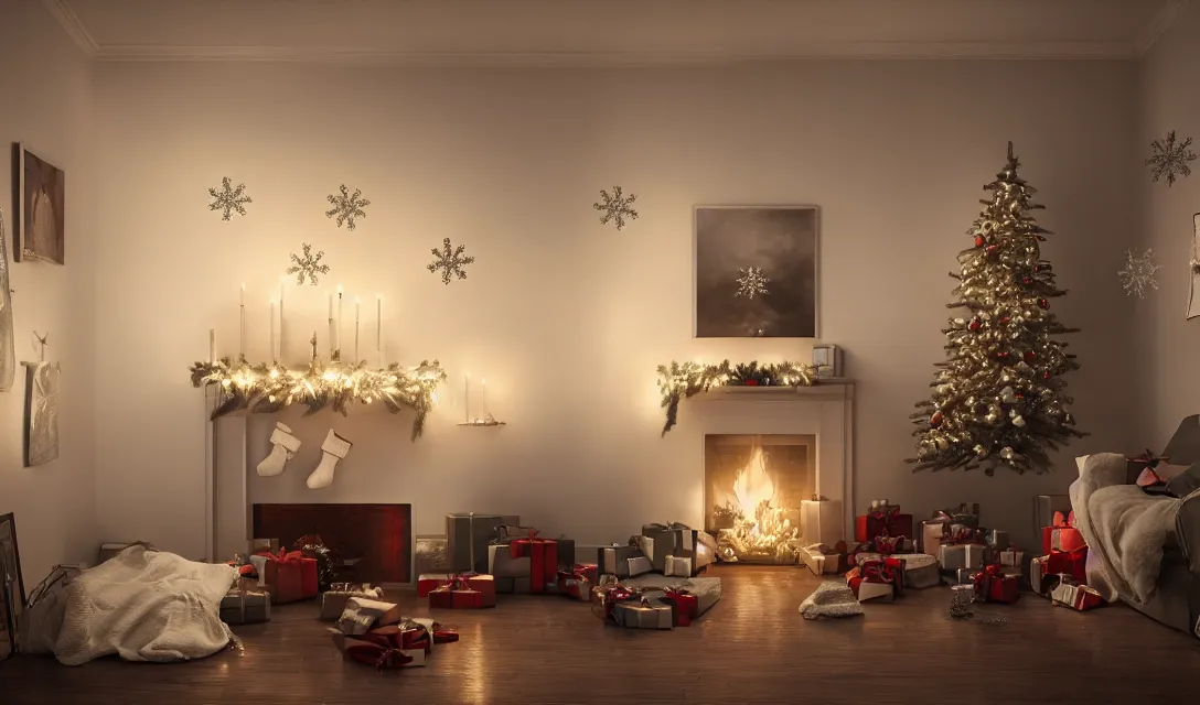 Prompt: a christmas eve photorealistic painting on the wall, home, interior, octane render, deviantart, greg rutkowski, cinematic, key art, hyperrealism, canon eos c 3 0 0, ƒ 1. 8, 3 5 mm, 8 k, medium - format print