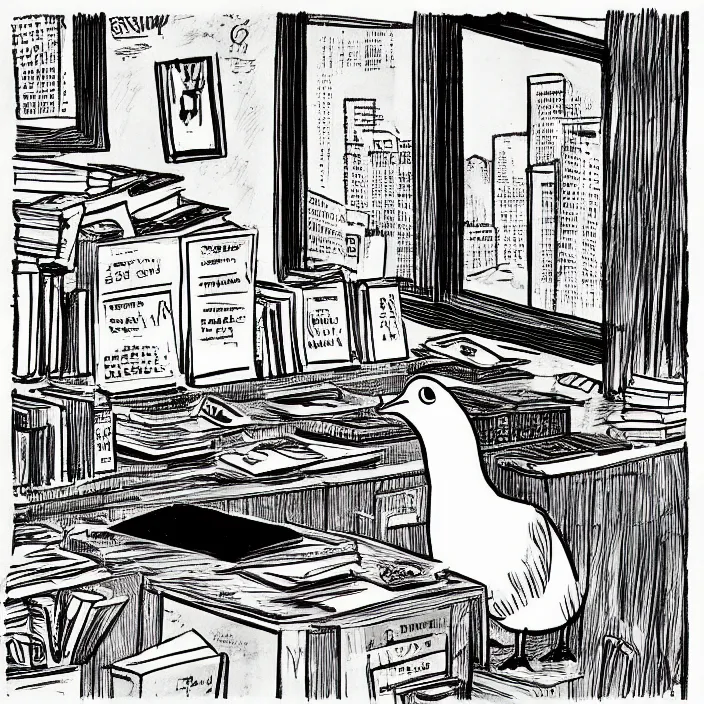 Prompt: a still frame from comic strip a pigeon sitting on the desk 1 9 9 0, new yorker illustration, monochrome contrast bw, lineart, manga