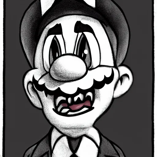 Image similar to a Pop Wonder scary horror themed goofy-hilarious-character MarioWarioWaluigi, dime-store-comic drawn with charcoal and pen and ink, half-tone-line-stacking