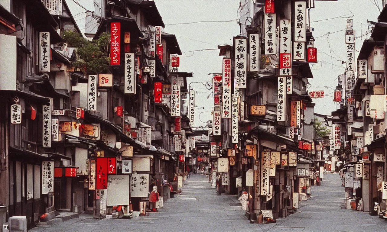 Image similar to A film still from a 1990s Ghibili movie of a dreamy cute street in Kyoto Japan, by Studio Ghibili