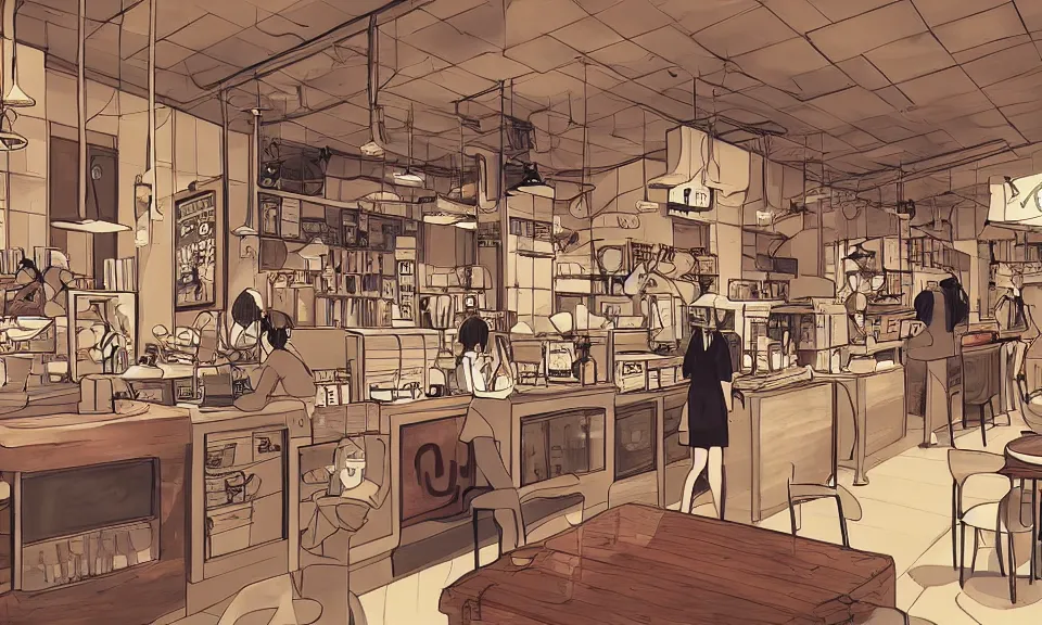  acogedor, dibujo, estilo anime, interior de una cafetería,