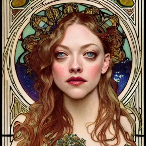 Image similar to amanda seyfried portrait by louis - theophile hingre and alphonse mucha, realistic, sharp focus, zodiac signs, tarot cards, planets, ethereal, art nouveau, magic, moon, sun, crown, dreamy, royal, jewellery