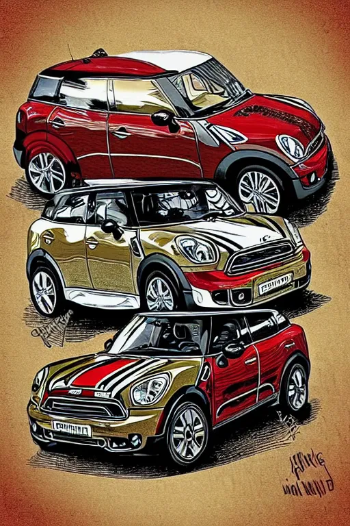 Image similar to “Poster of Viking horsemen in a battle with Mini Cooper Countryman Hybrid . Retro cartoon caricature.”