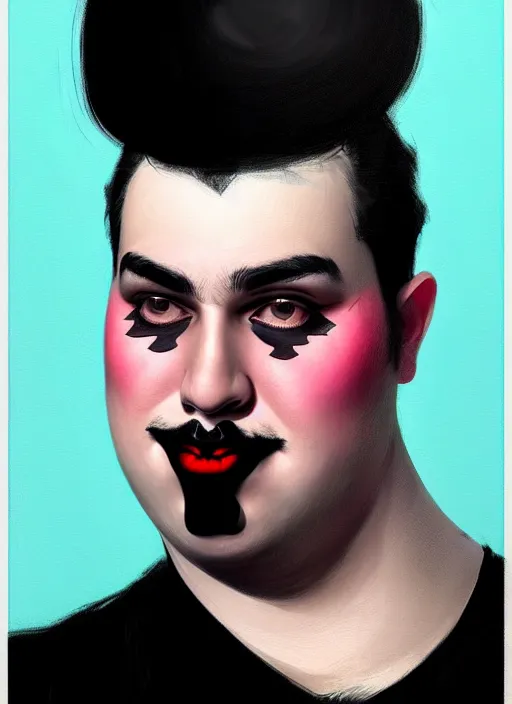 Image similar to portrait of a plump man with a crooked nose and a confident expression, 1 9 6 0 s, black clothes, goth, punk, brightly coloured hair, funk, intricate, elegant, highly detailed, digital painting, artstation, concept art, smooth, sharp focus, illustration, art by wlop, mars ravelo and greg rutkowski