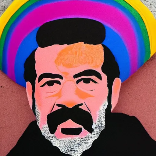 Prompt: rainbow portrait of saddam hussein wearing a pink puffy jacket and a black bucket hat, 8 k, very detailed, very intricate,