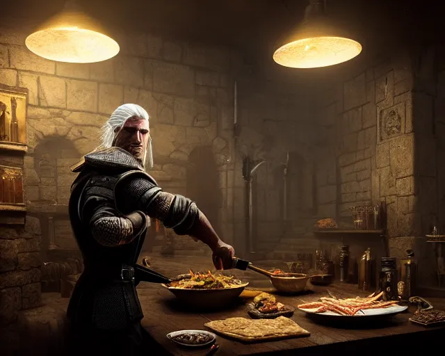 Image similar to 5 5 mm portrait photo of geralt of rivia serving doner kebab, in kaer morhen. dark atmosphere. art by greg rutkowski. highly detailed 8 k. intricate. lifelike. soft light. nikon d 8 5 0.