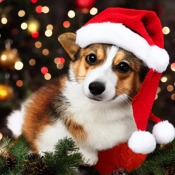 Image similar to cute corgi puppy dog wearing a christmas hat by koson ohara with a transparent background
