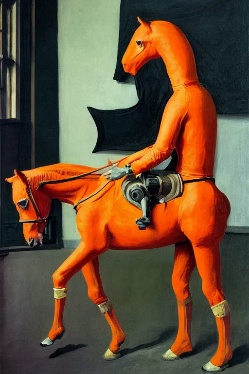 Image similar to man in horse costume, horse in costume astronaut, horse racing, hauntingly surreal, highly detailed painting by francis bacon, edward hopper, adrian ghenie, gerhard richter, and james jean soft light 4 k,