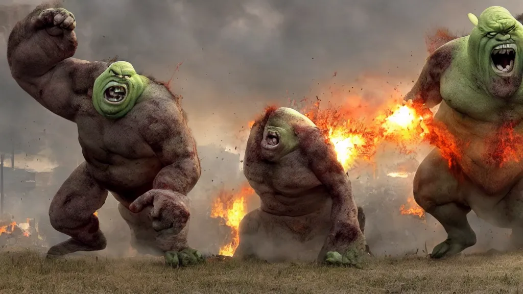 Image similar to a huge violent angry ogre huge violent angry ogre huge violent angry ogre stomps through background trailer homes and smashed trailer homes, people looking on in astonishment