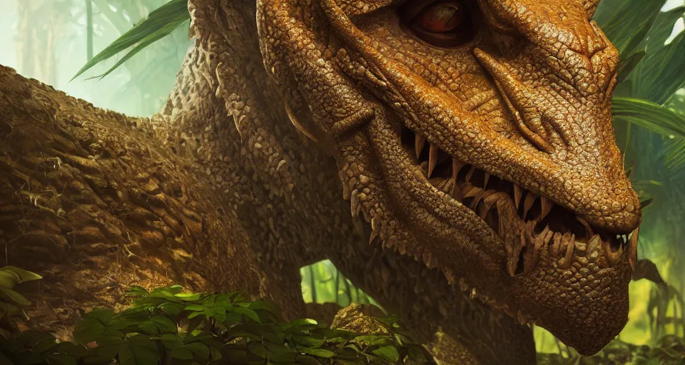 Prompt: closeup portrait of a colossal dragon in a jungle environment, dramatic lighting, cinematic, octane render, cgsociety, artstation, 4k