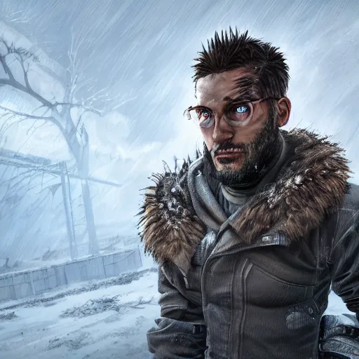 Image similar to A comic book style portrait painting of a male modern warrior in a a post apocalyptic winter landscape, unreal 5, DAZ, hyperrealistic, octane render, RPG portrait, ambient light, dynamic lighting