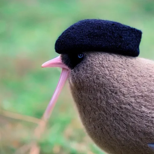 Prompt: a kiwi bird with a wooly hat, 35mm photograph