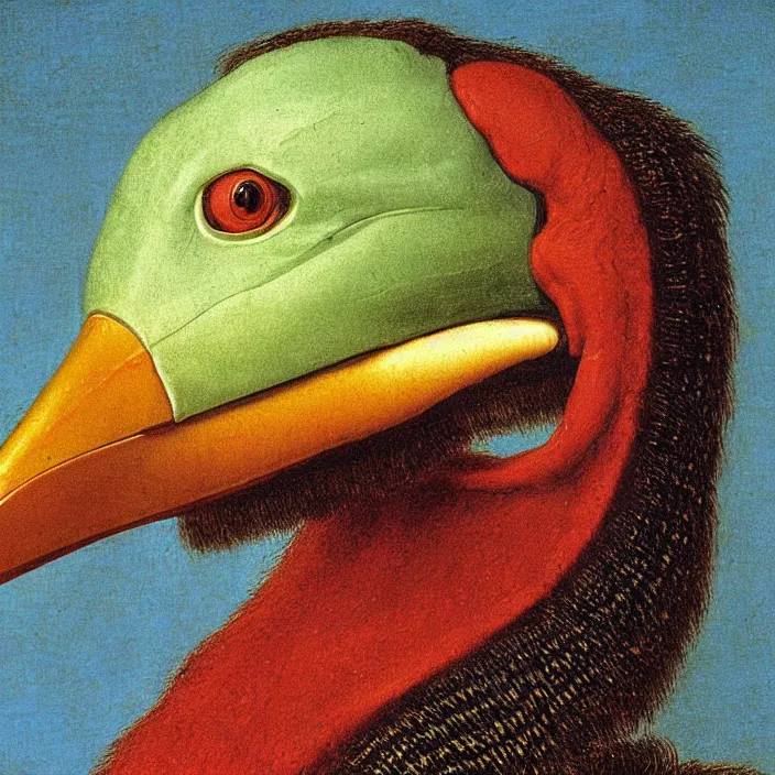 Image similar to close up portrait of a mutant monster creature with exotic toucan beak, twenty arachnid eyes, fair skin tone. by jan van eyck, audubon