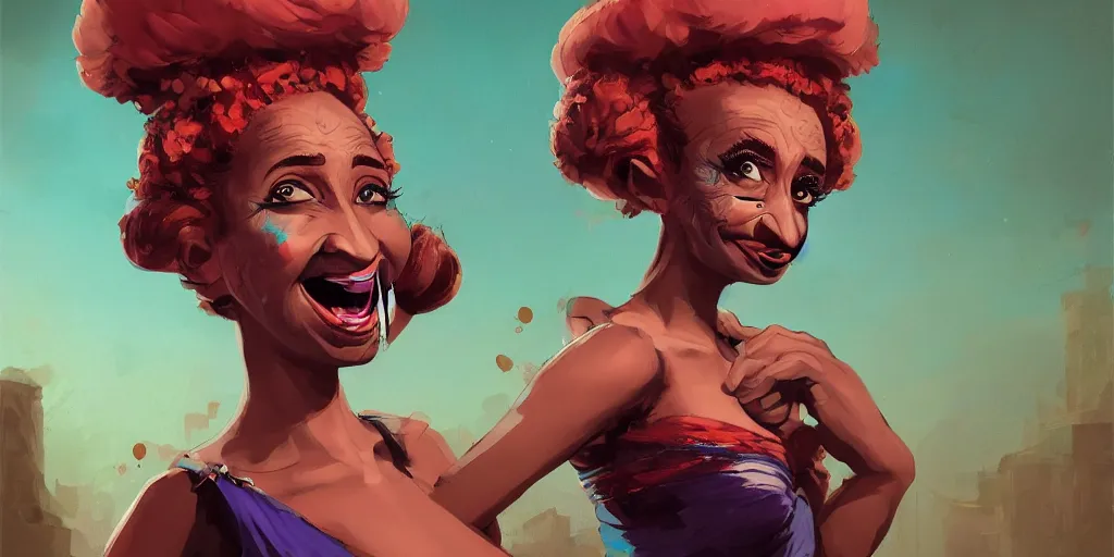 Image similar to cartoonish celia cruz eating dinner, vivid colors, character sheet, fine details, concept design, contrast, kim jung gi, greg rutkowski, enki bilal, trending on artstation, 8 k, full body, turnaround, front view, back view, ultra wide angle